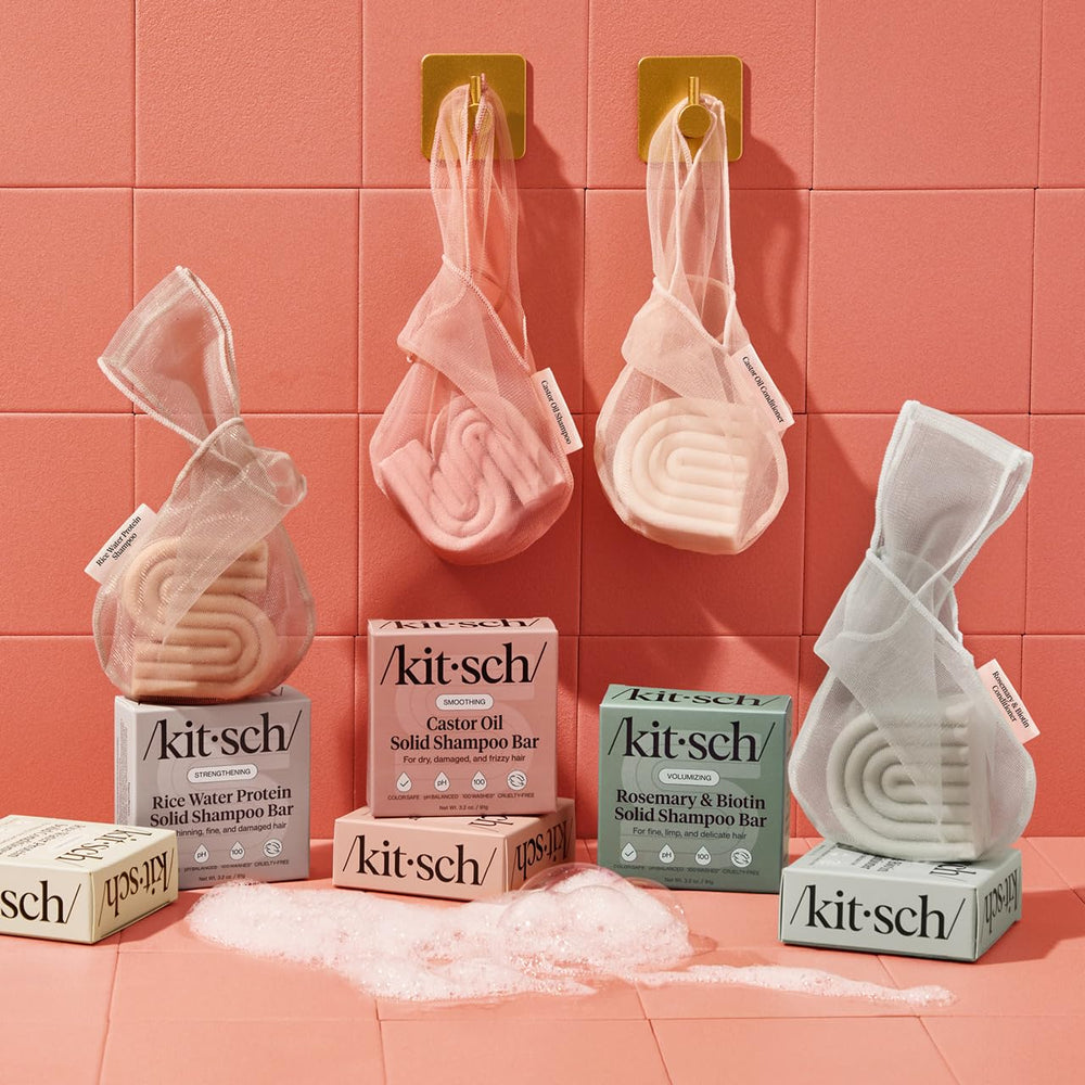 Kitsch exfoliating mesh pouch creates a gentle lather with bars