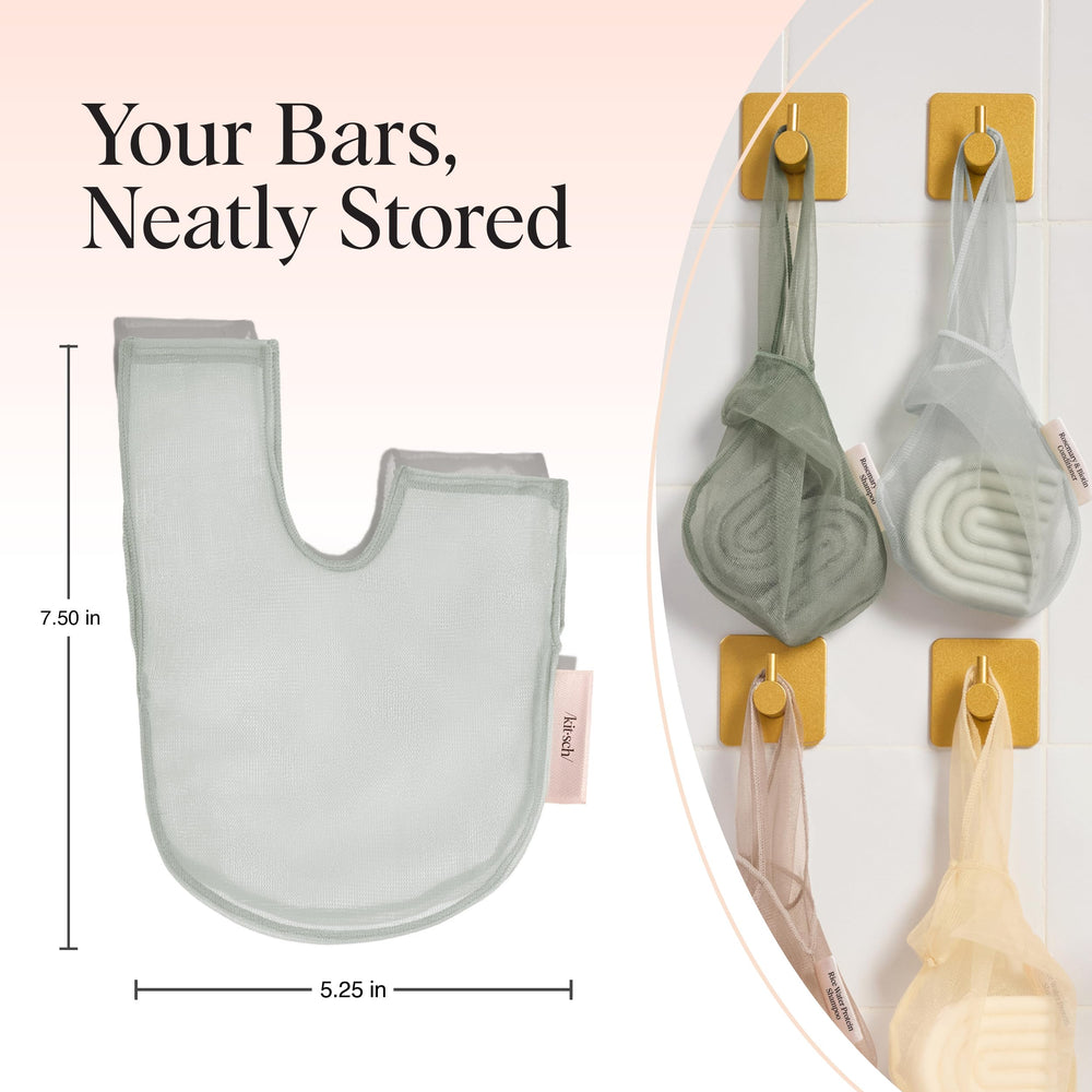 Kitsch mesh bag doubles as an exfoliating pouch for rich lather.