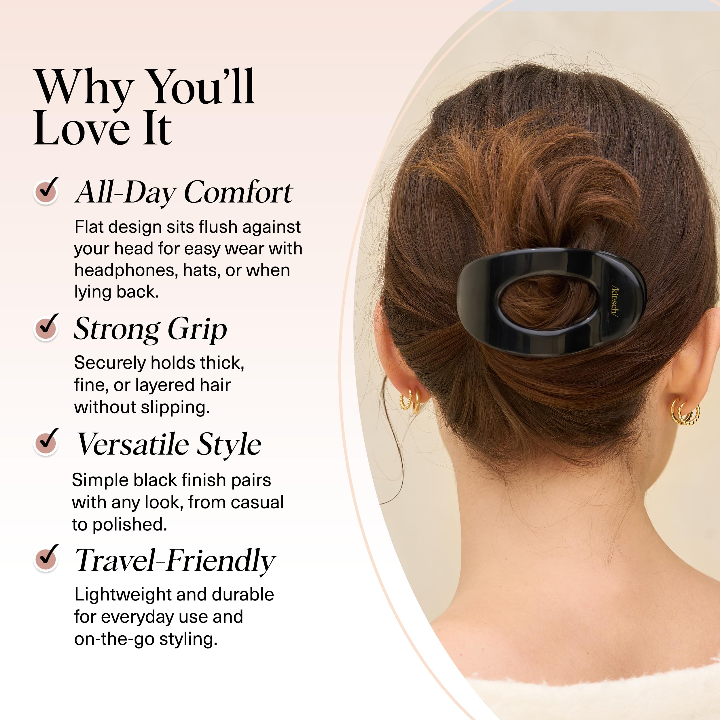 Kitsch flat claw clip shown in an easy updo for quick styling.