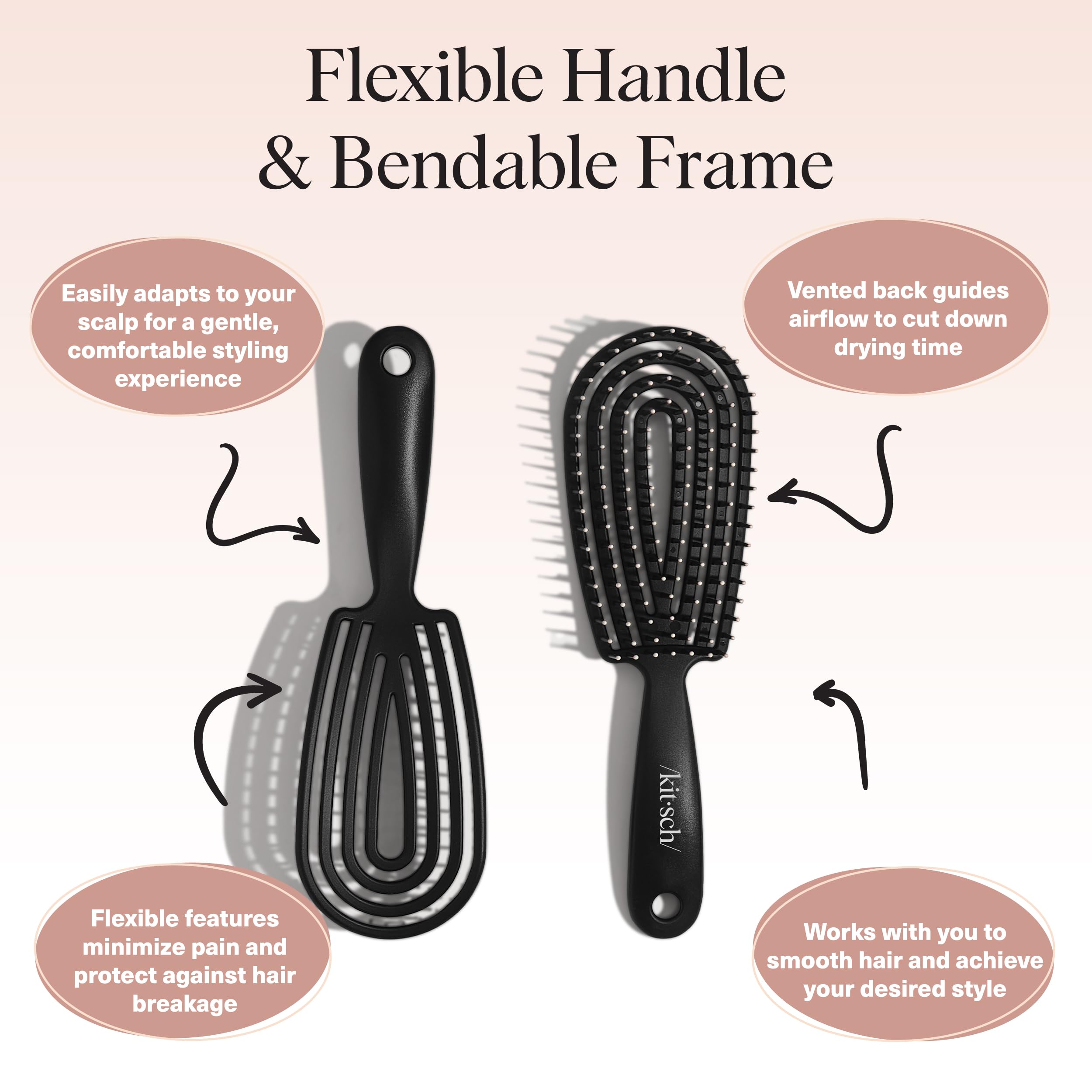 Kitsch Flexi Flow shiny-finish brush smooths cuticles for frizz-free styling.