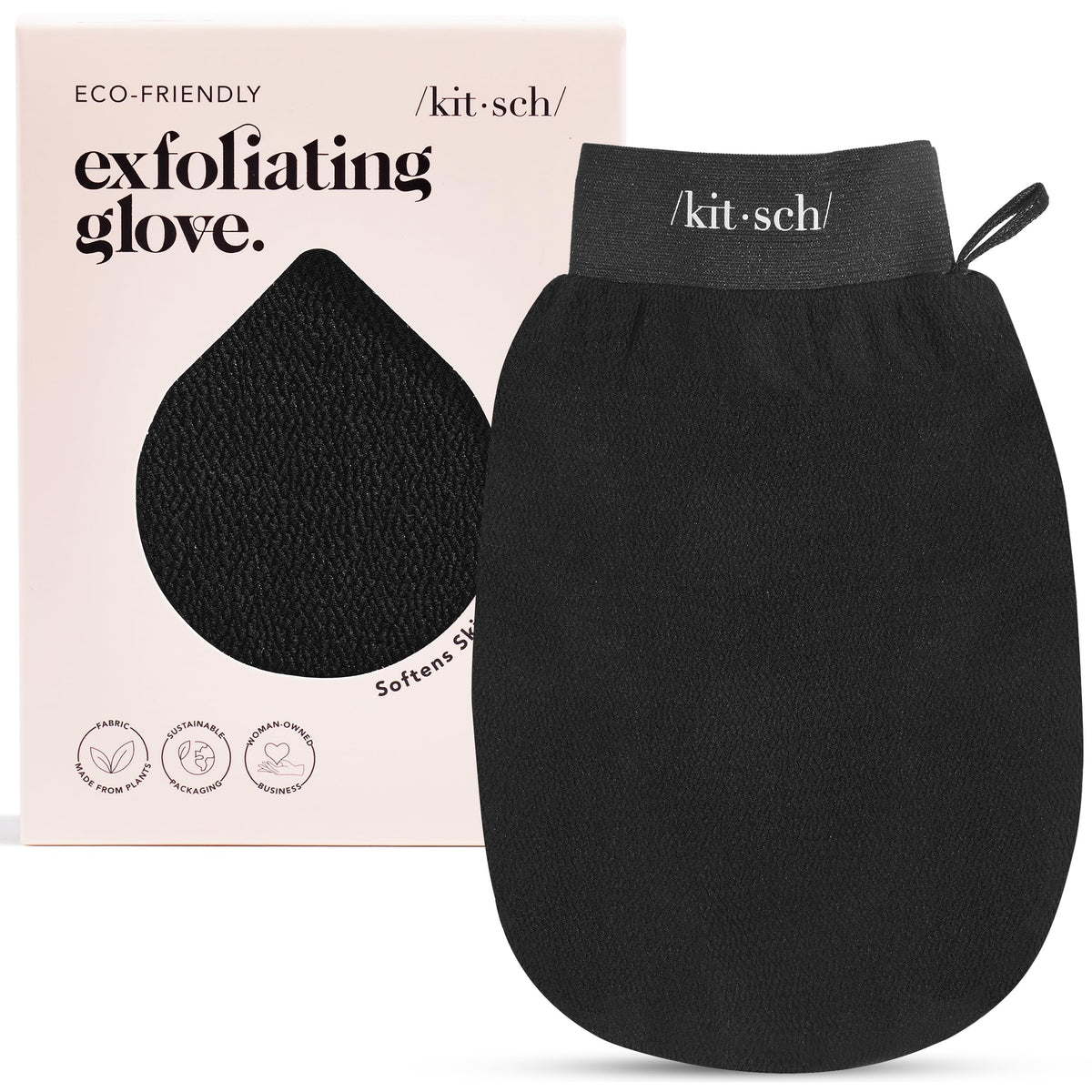 Guante exfoliante de Kitsch negro para exfoliar la piel en la ducha, suave y eficaz.