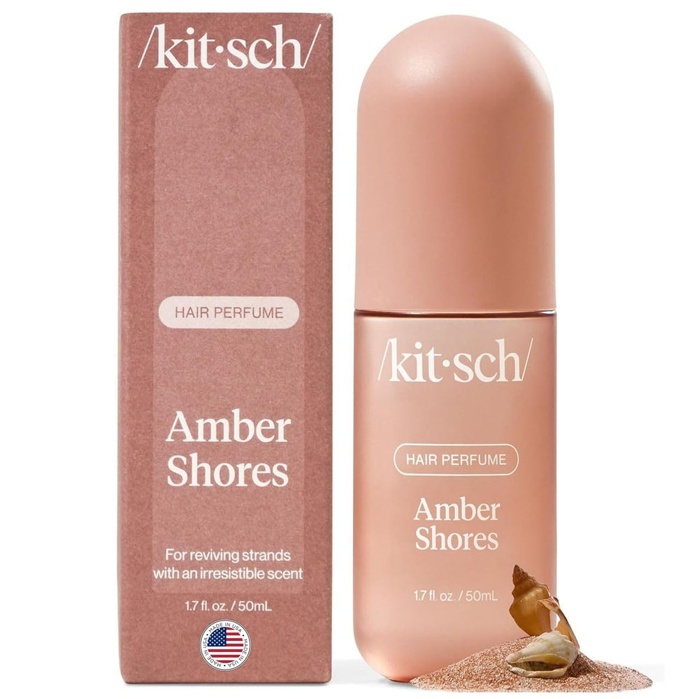 Kitsch Amber Shores hair perfume bottle front view showing woody aquatic scent