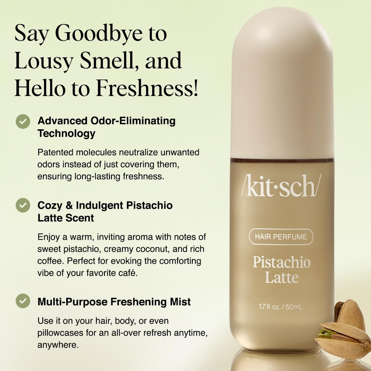 Kitsch Pistachio Latte spray-mist on hair demonstrates odor-eliminating technology