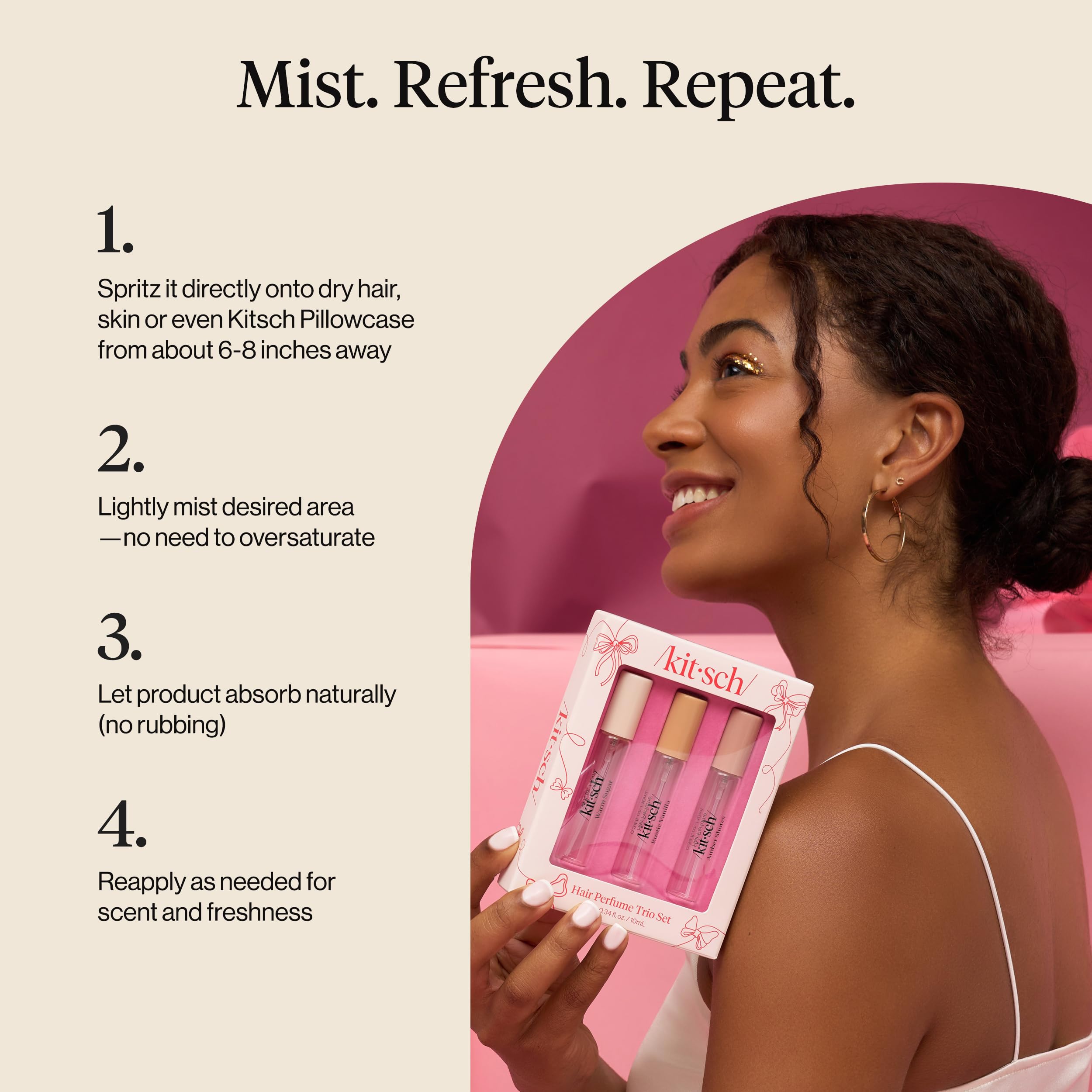 Kitsch perfume spray application on hair for quick refresh
