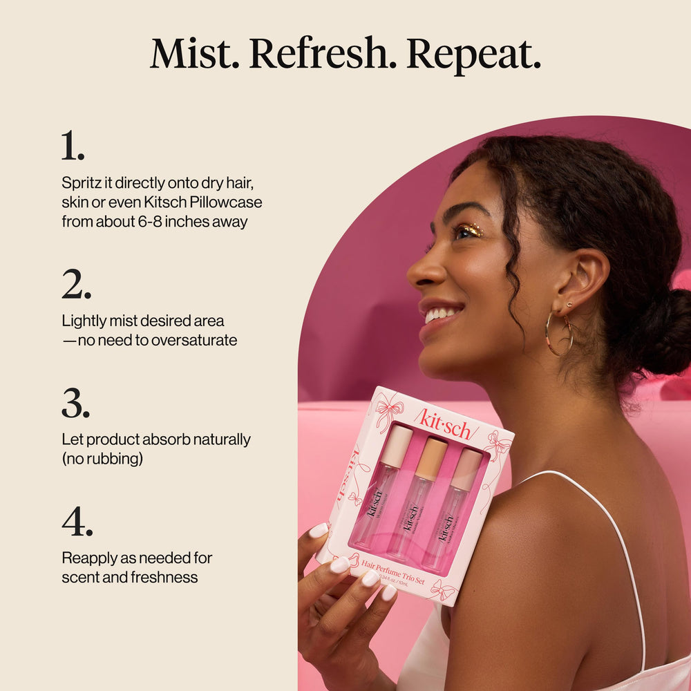Kitsch perfume spray application on hair for quick refresh