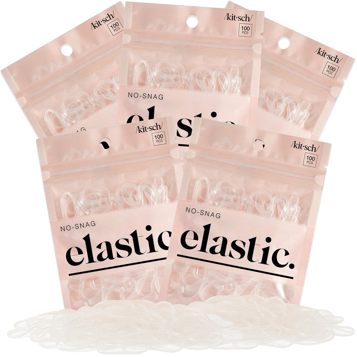 Kitsch Hair Ties transparentes en empaque, para uso diario sin enganches.