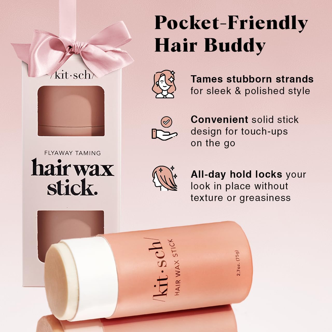 Kitsch Hair Wax Stick mostrando control del frizz y acabado natural