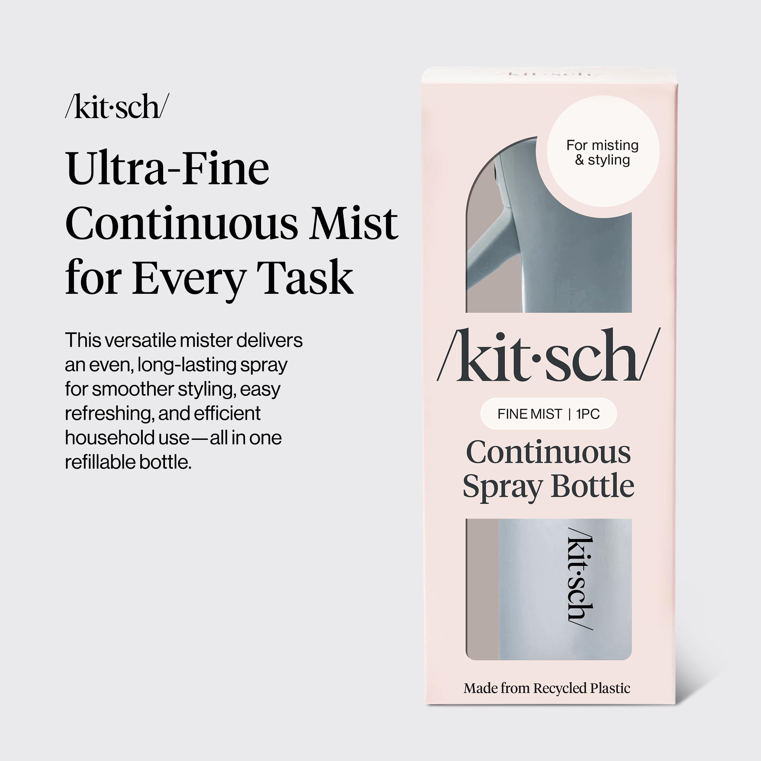 Kitsch haze blue spray bottle detail showcases compact, portable design.