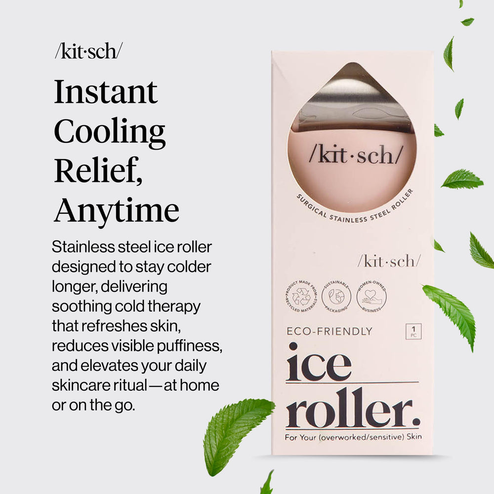 Kitsch Ice Roller around the under-eye area offers spa-like cooling relief.