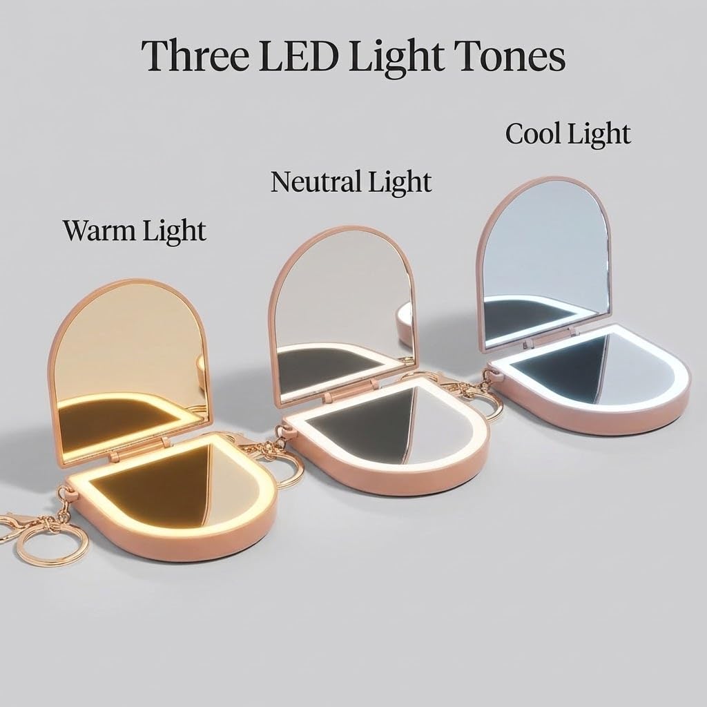 Kitsch keychain clip mirror keeps glow within reach on bags or cases.