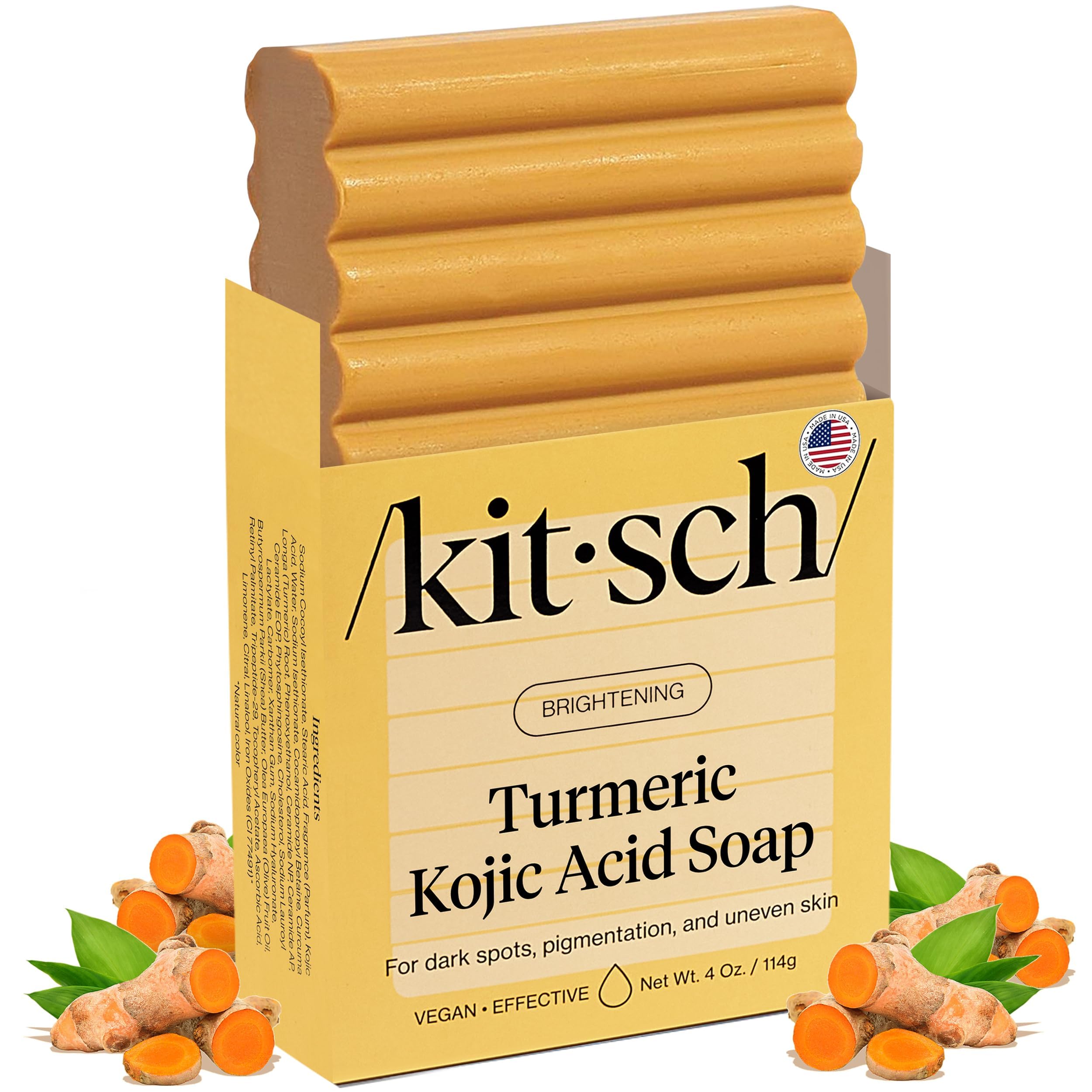 Kitsch Kojic Turmeric Soap Bar: envoltorio elegante para rutina diaria.