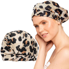 Kitsch leopard-pattern shower cap for stylishly dry hair after shower sessions