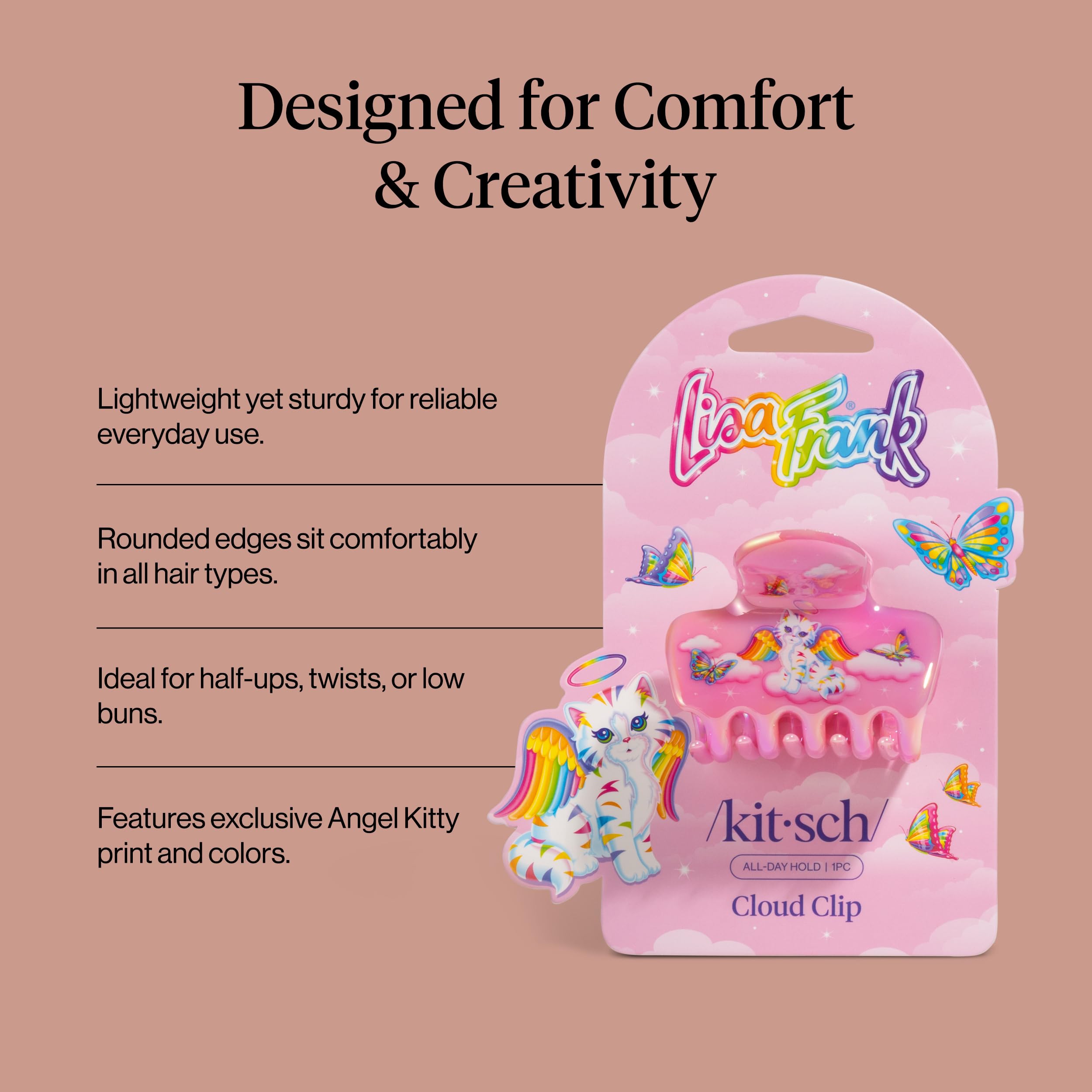 Pinza Lisa Frank x Kitsch para moño bajo, cómoda y con estilo.