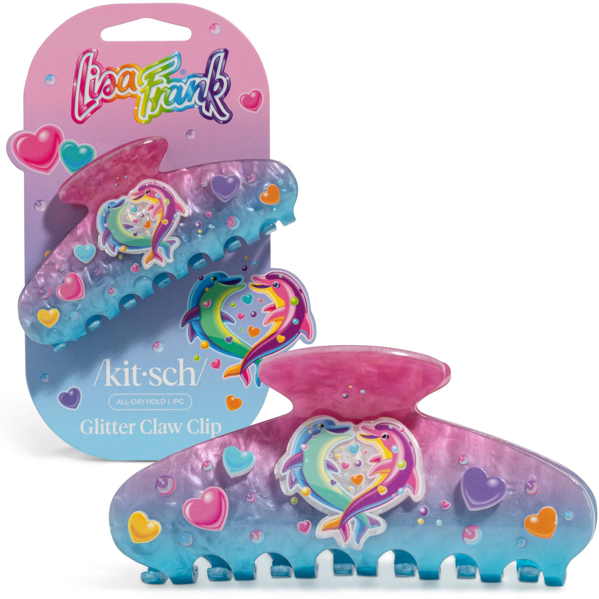 Pinza Kitsch Lisa Frank con delfines bailando y purpurina; ideal para peinados brillantes diarios.