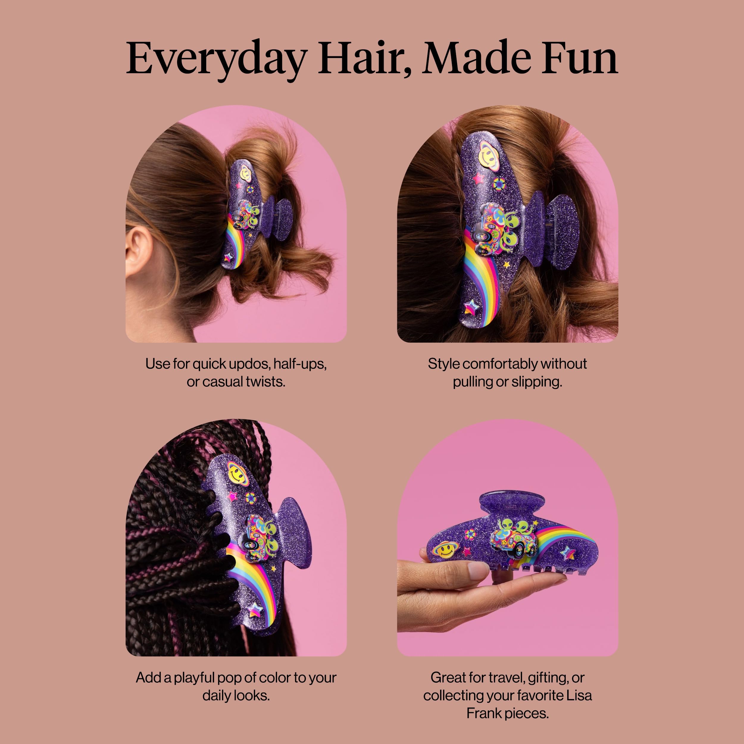 Pinza de cabello Lisa Frank para looks festivos con morado.