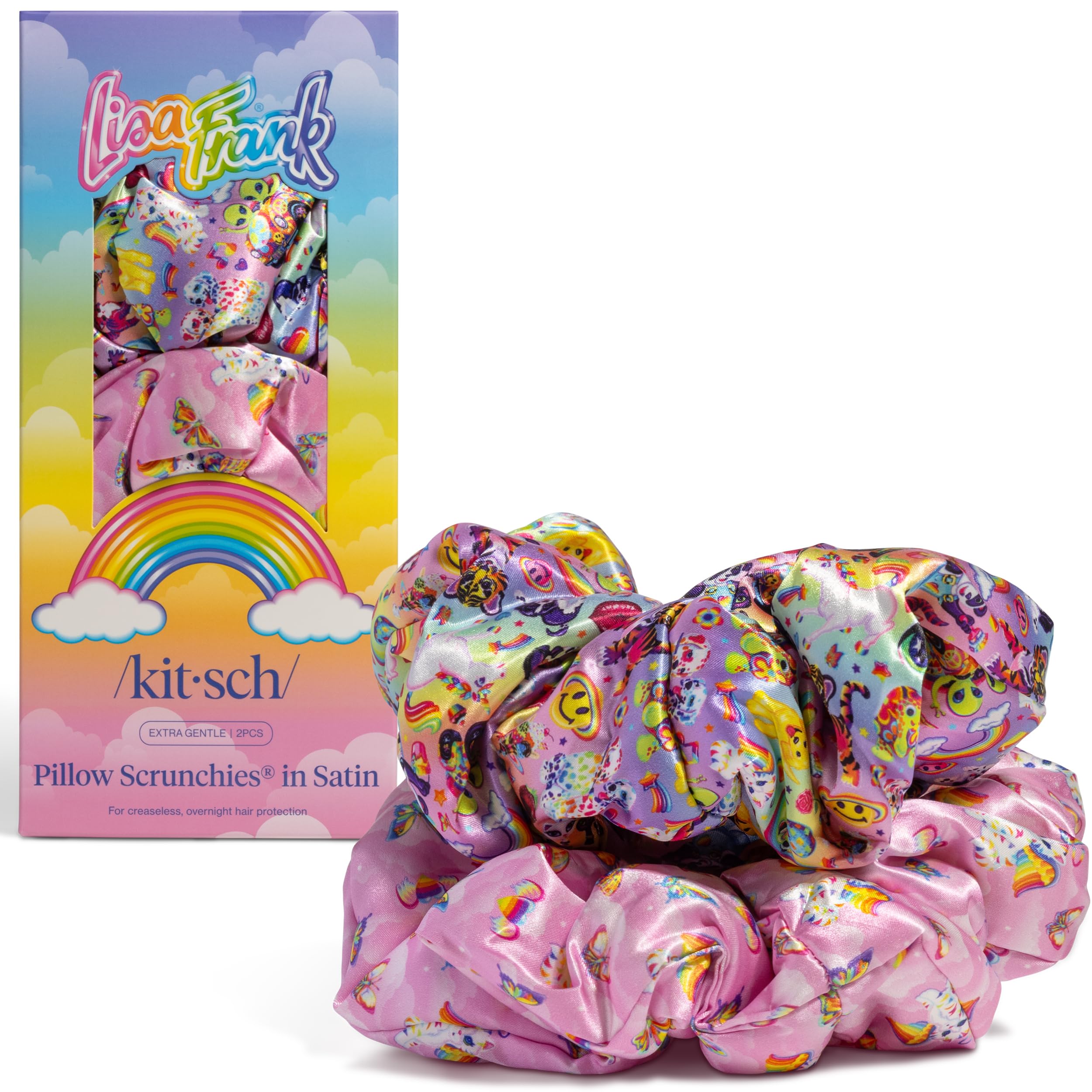 Kitsch Lisa Frank scrunchies de satén sobre almohada para un peinado suave y sin daños.