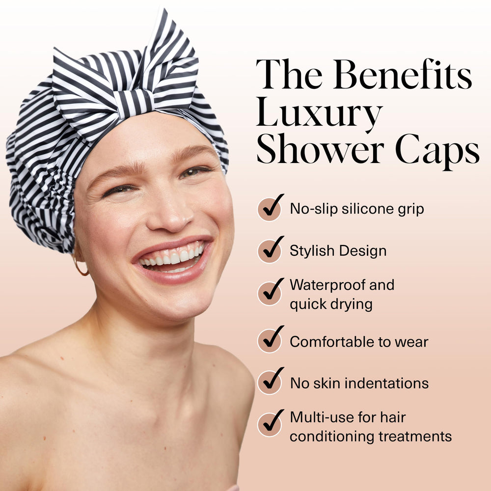 Kitsch luxury shower cap stripe model wearing cap shows secure fit