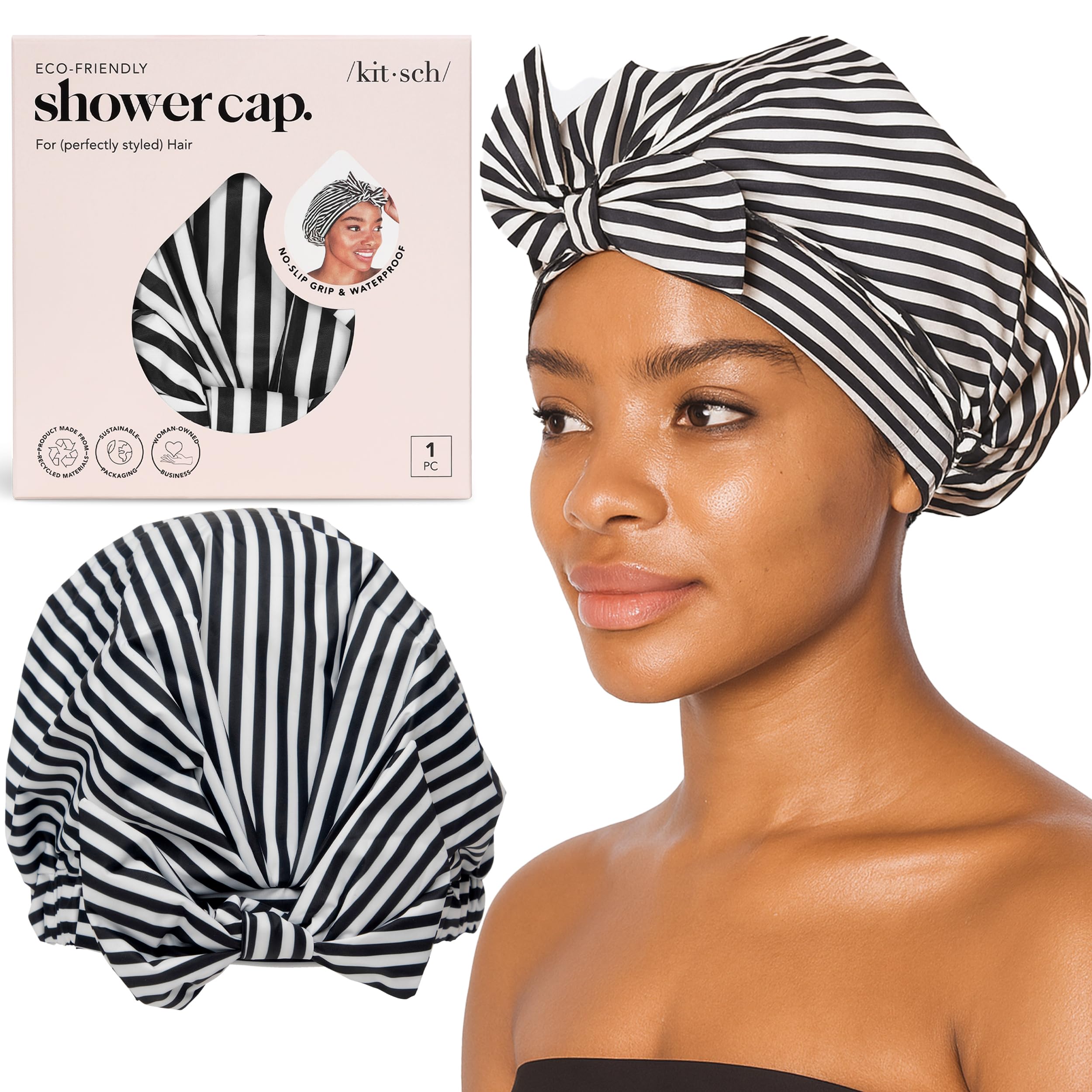 Kitsch luxury shower cap stripe packaging display highlights waterproof design