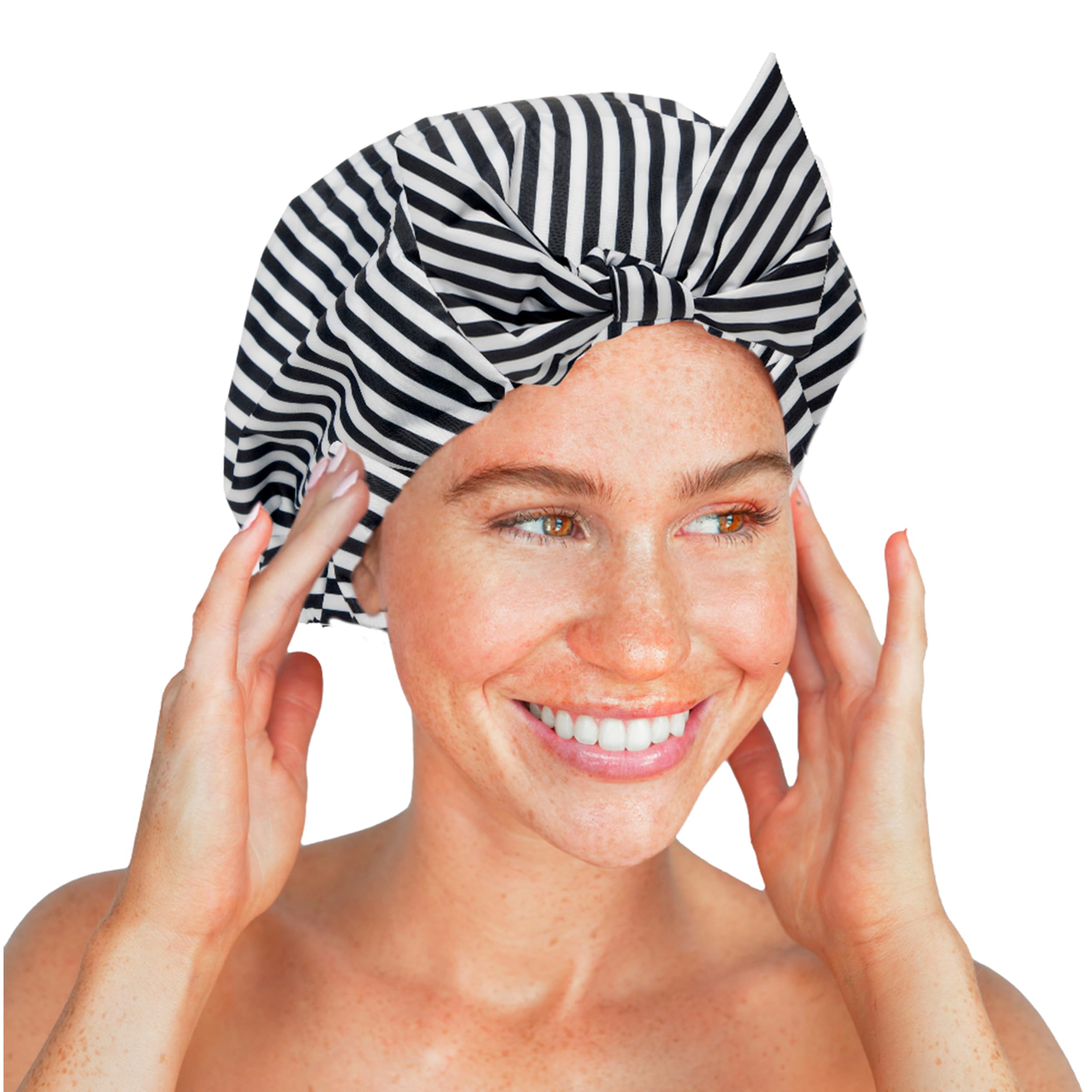 Kitsch luxury shower cap stripe short hair fit shows versatile sizing and seal