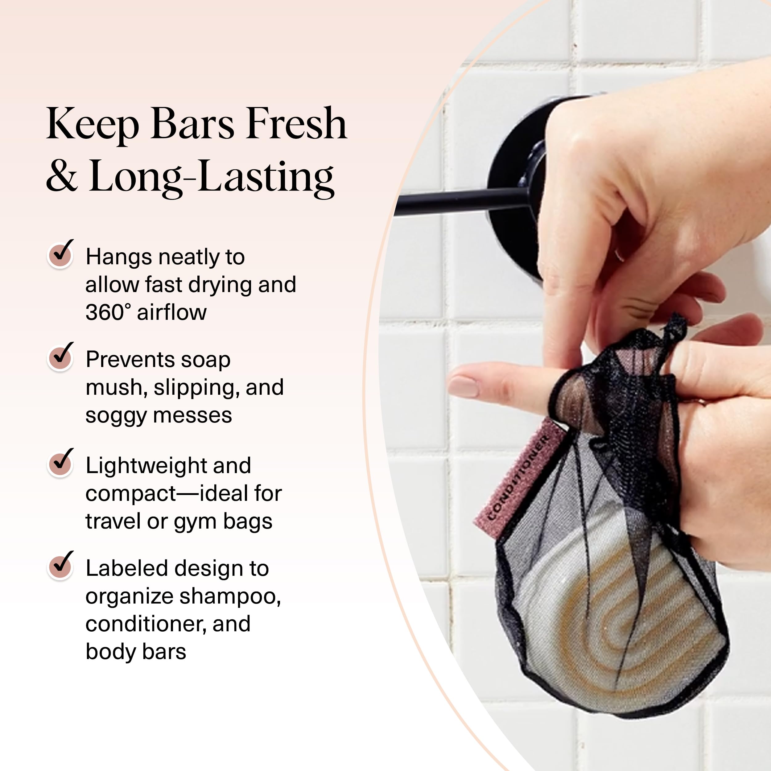 Kitsch Mesh Bag promotes breathable drying for soap bars, reducing soggy mess.