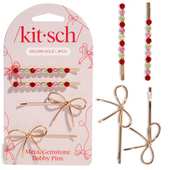 Kitsch metal bow gemstone bobby pin close-up for everyday sparkle