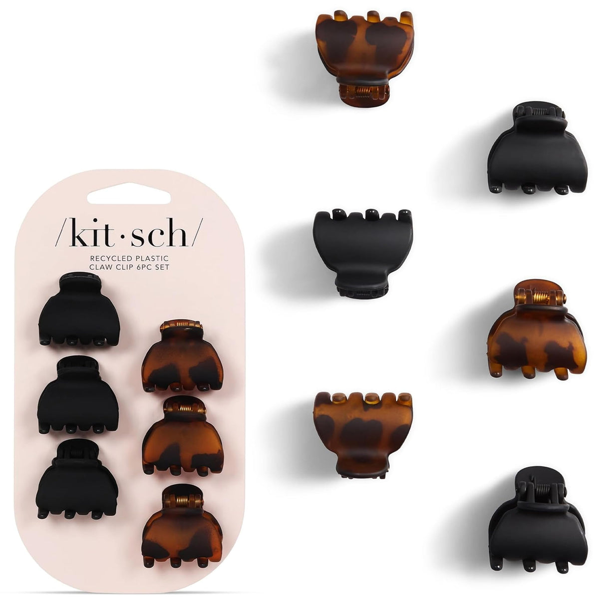 Kitsch mini claw clips in tortoise pattern secure bangs with gentle, snag-free hold.