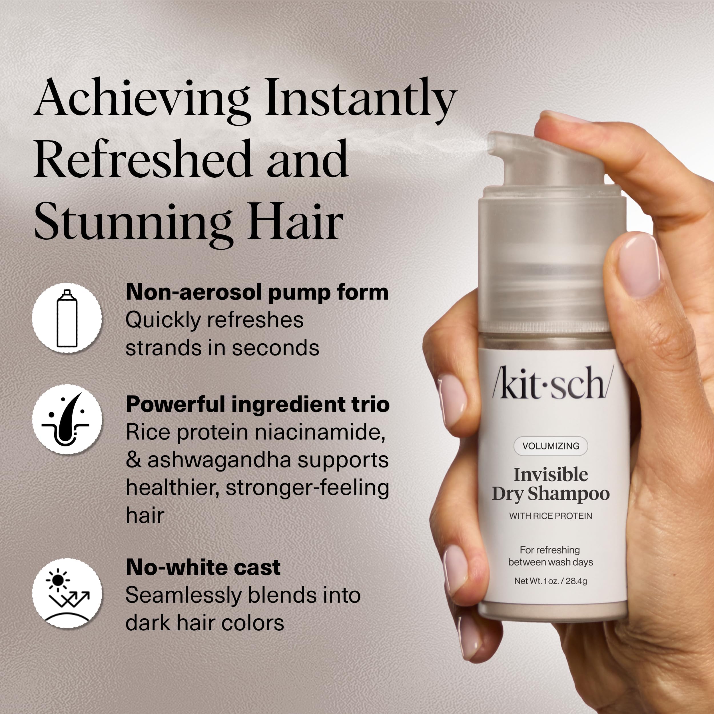 Kitsch oil absorption and volume visible with precise pump application on-the-go.