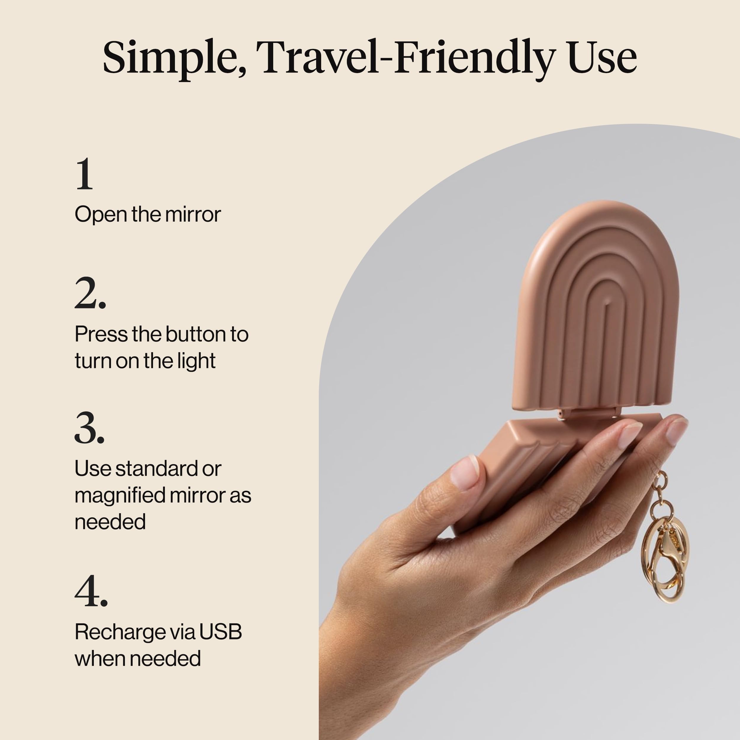 Kitsch on-the-go mirror with light for quick checks in dim spaces.