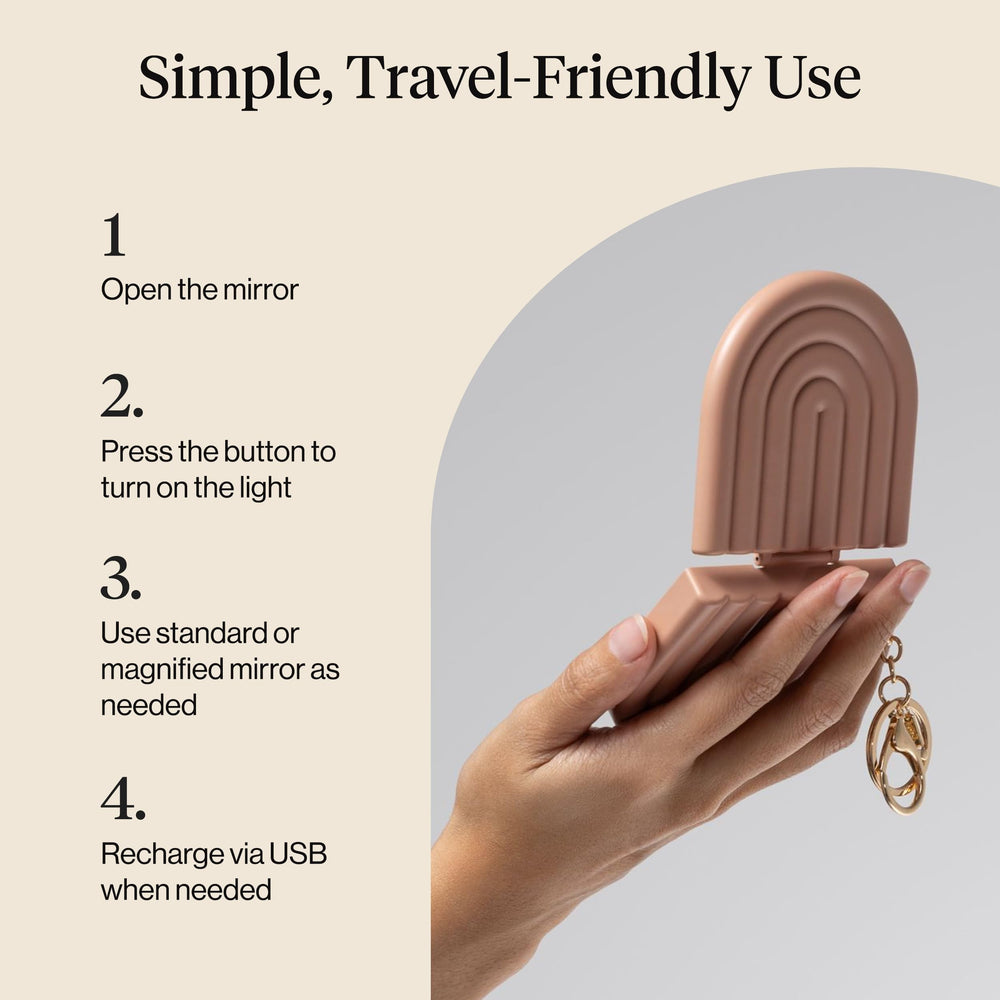 Kitsch on-the-go mirror with light for quick checks in dim spaces.