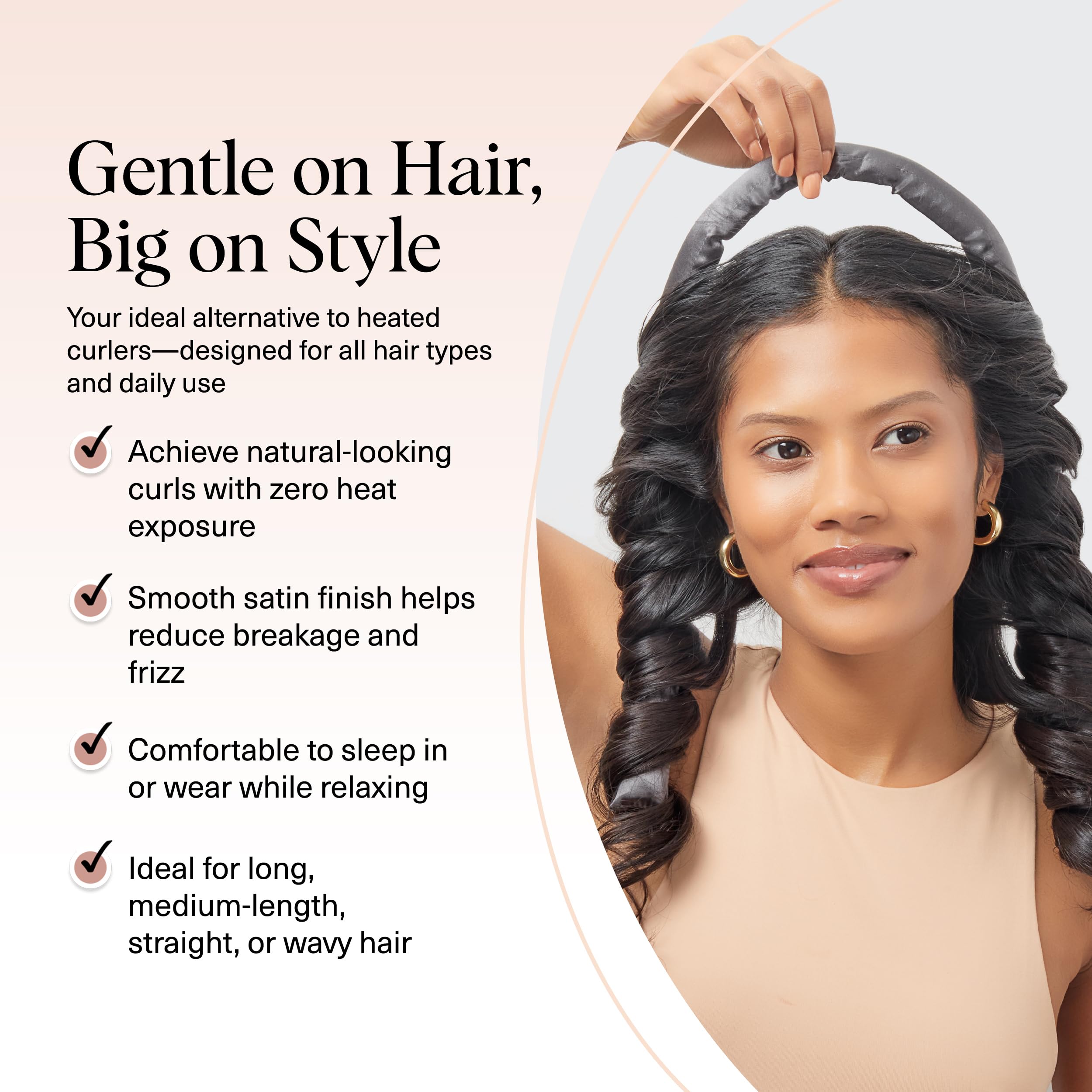 Model wearing overnight curlers on pillow for frizz-free results.