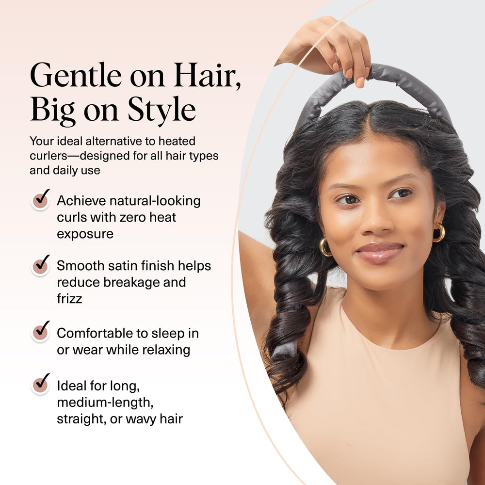 Model wearing overnight curlers on pillow for frizz-free results.