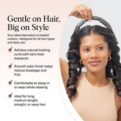 Model wearing overnight curlers on pillow for frizz-free results.