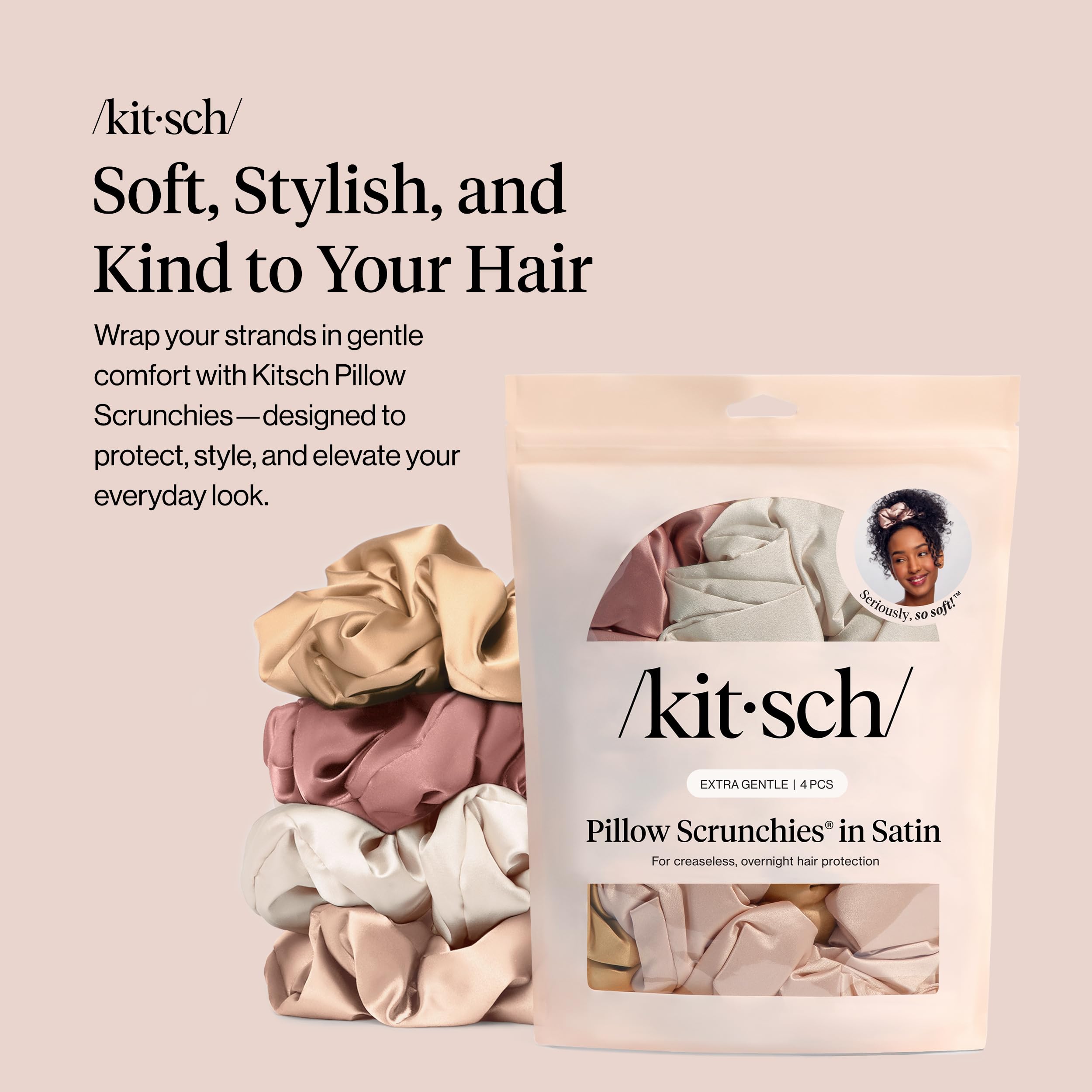 Kitsch Pillow Satin Scrunchies with creaseless design protect hair during wear.