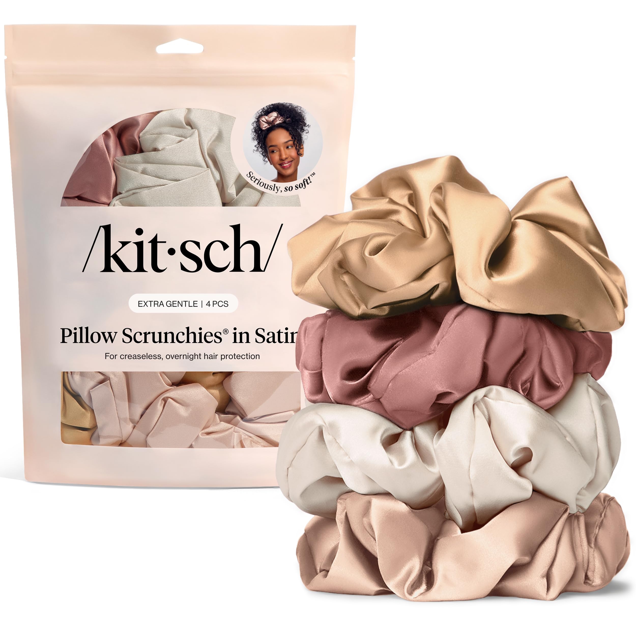 Kitsch Pillow Satin Scrunchies provide pillow-soft hold for gentle daily styling.
