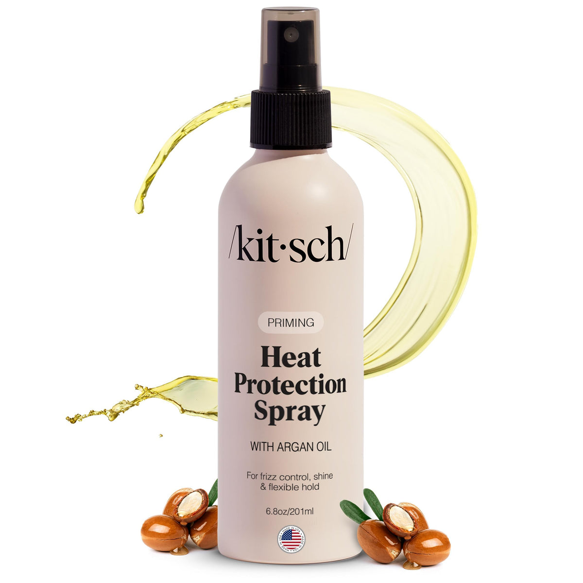 Kitsch proteccion calor para cabello, botella visible, protege hasta 450°F para peinados duraderos.