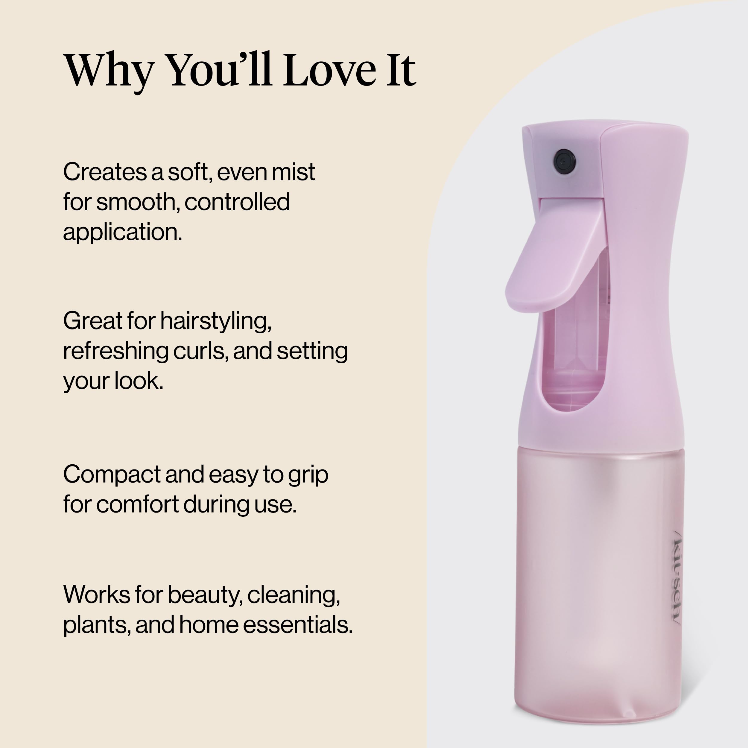 Kitsch refillable water spray bottle maintains smooth mist with lightweight liquids.