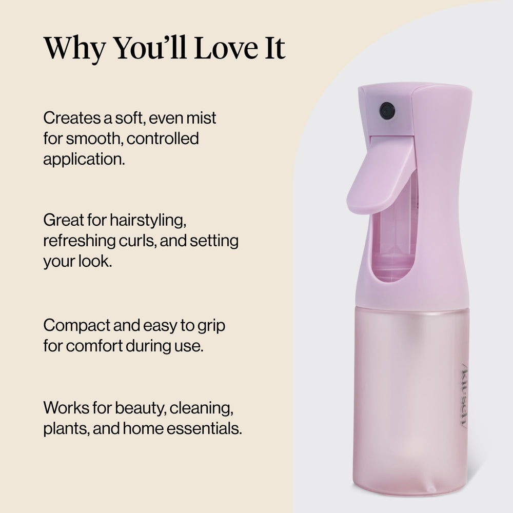Kitsch refillable water spray bottle maintains smooth mist with lightweight liquids.