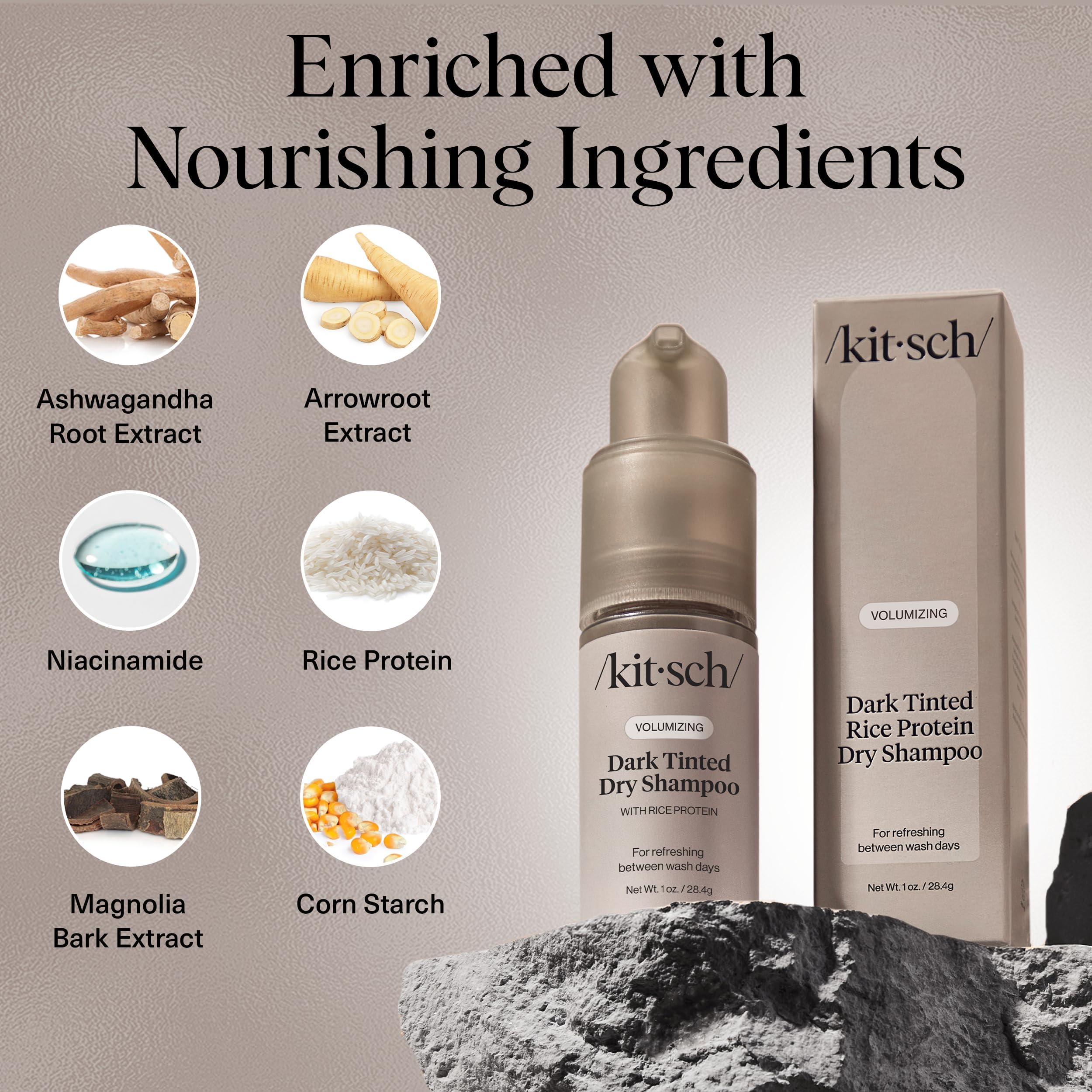 Kitsch dry shampoo on dark hair leaves no white cast and refreshes between washes