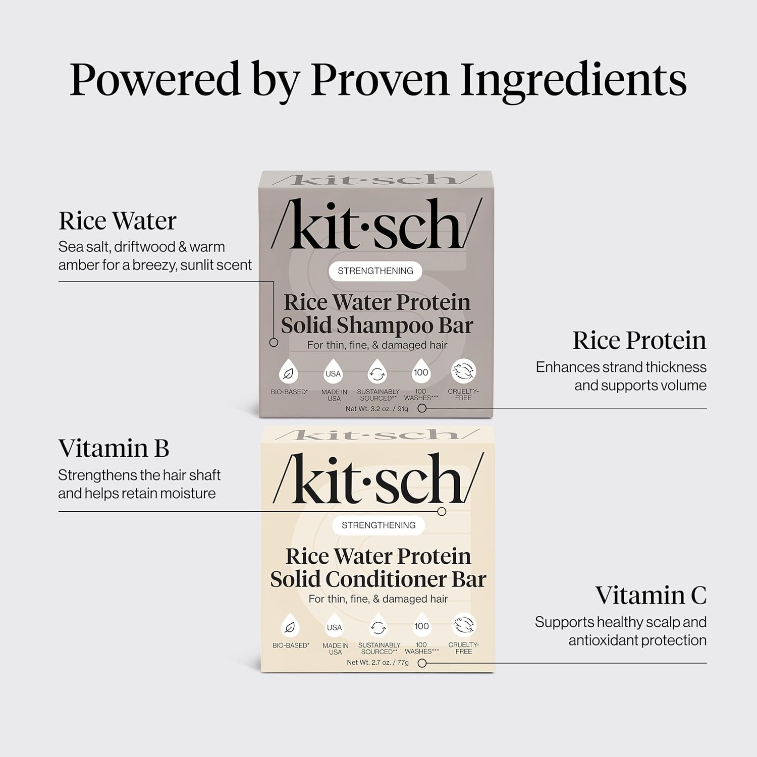 Kitsch Rice Water Bar duo on bathroom shelf emphasizing compact eco-packaging.