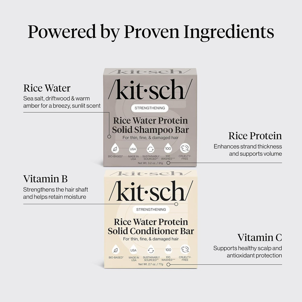 Kitsch Rice Water Bar duo on bathroom shelf emphasizing compact eco-packaging.