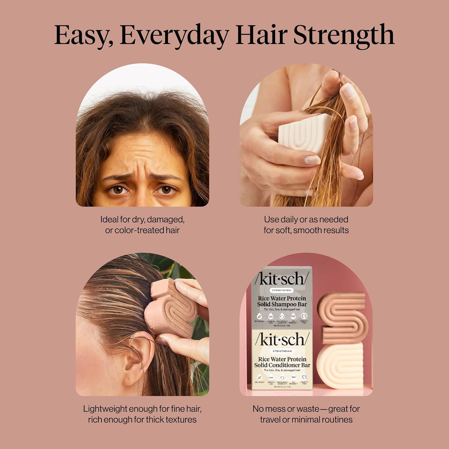 Kitsch Rice Water Conditioner Bar label shows silicone-free formula for smoother ends.