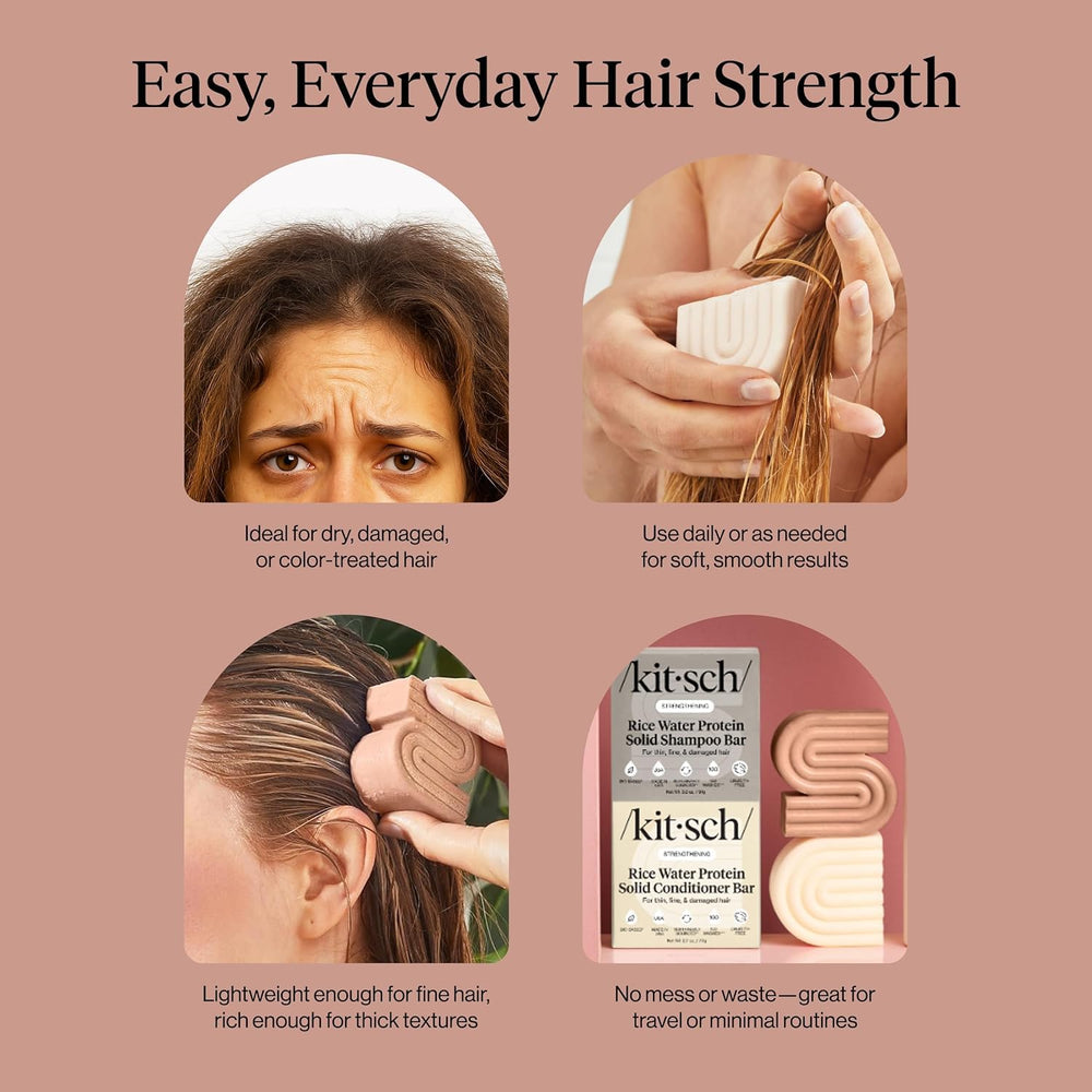 Kitsch Rice Water Conditioner Bar label shows silicone-free formula for smoother ends.