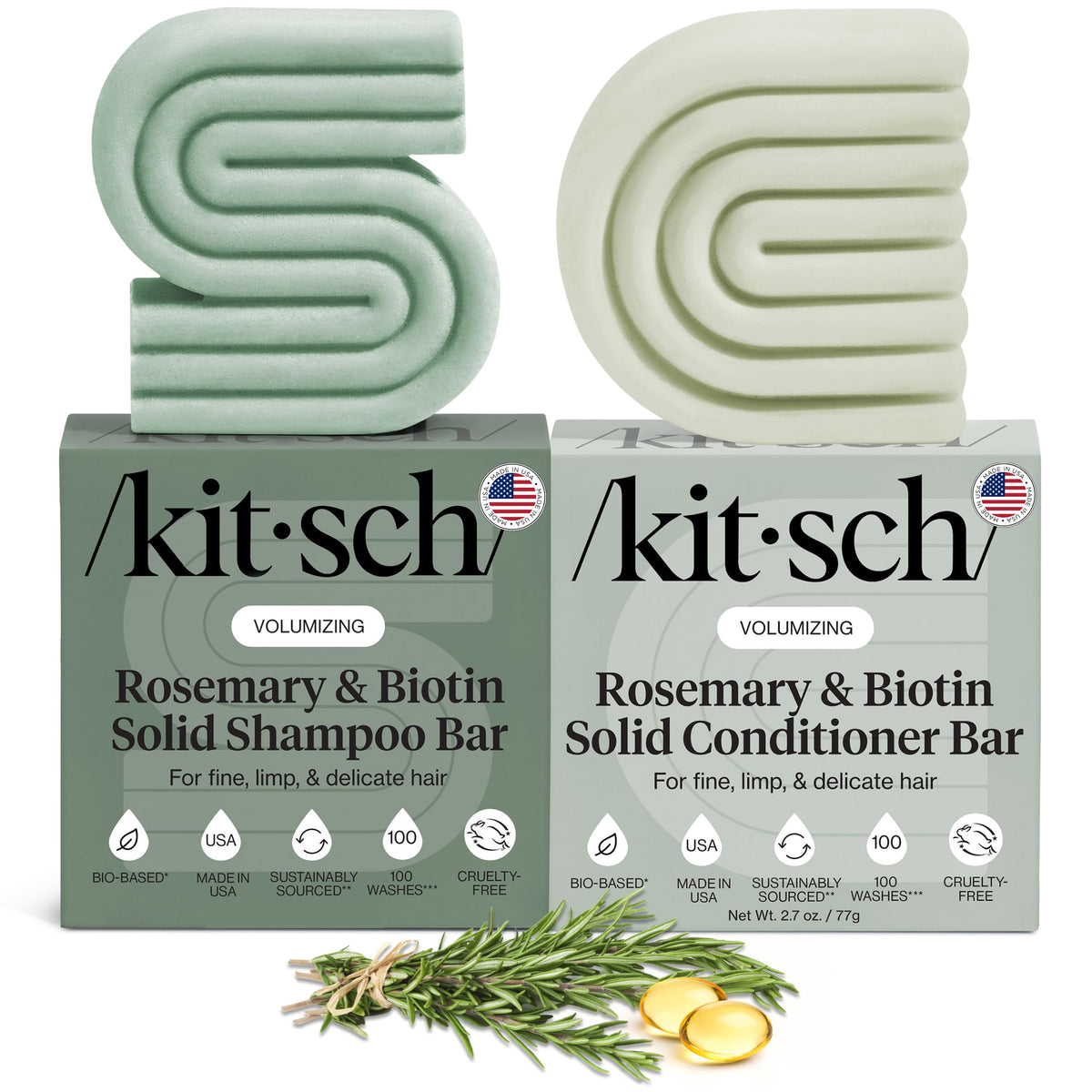 Kitsch Rosemary & Biotin Shampoo Bar for gentle cleansing and volume boost.