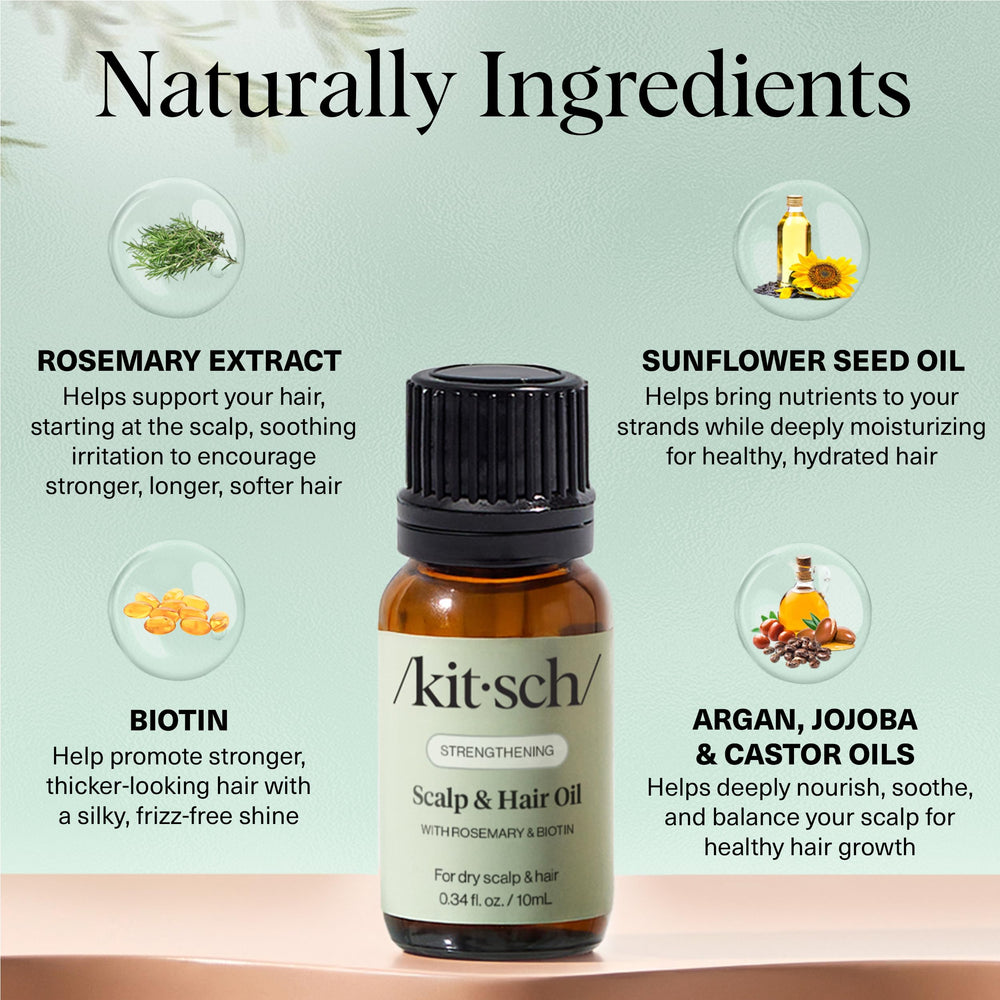 Kitsch rosemary oil label close-up features castor and jojoba oils.
