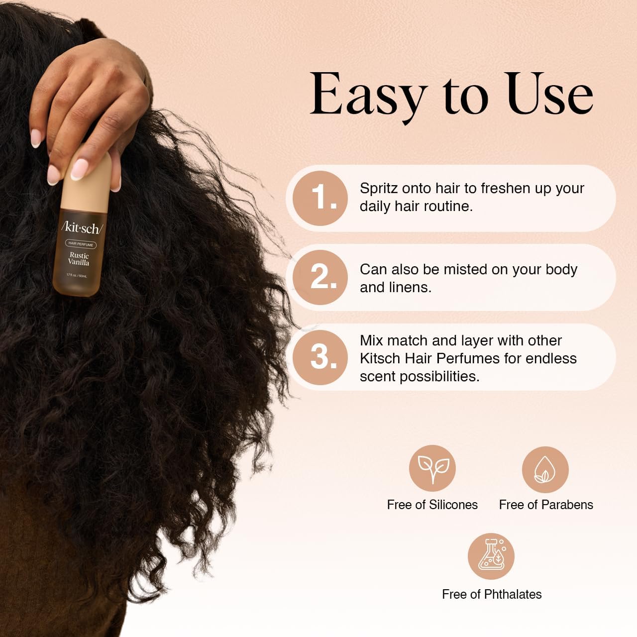 Kitsch Rustic Vanilla body mist for quick refresh on skin.