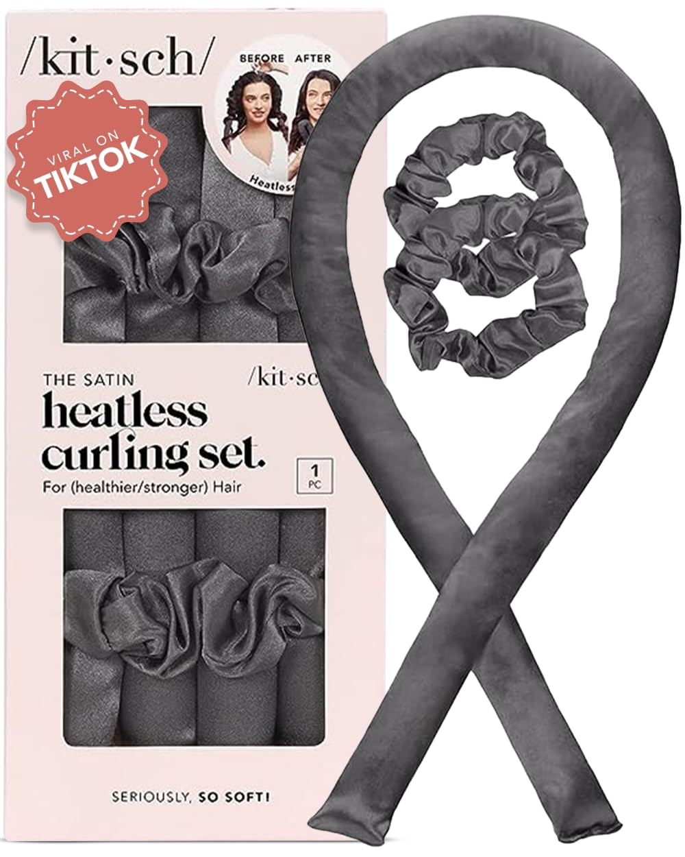 Kitsch satin heatless curler set laid flat for overnight styling.