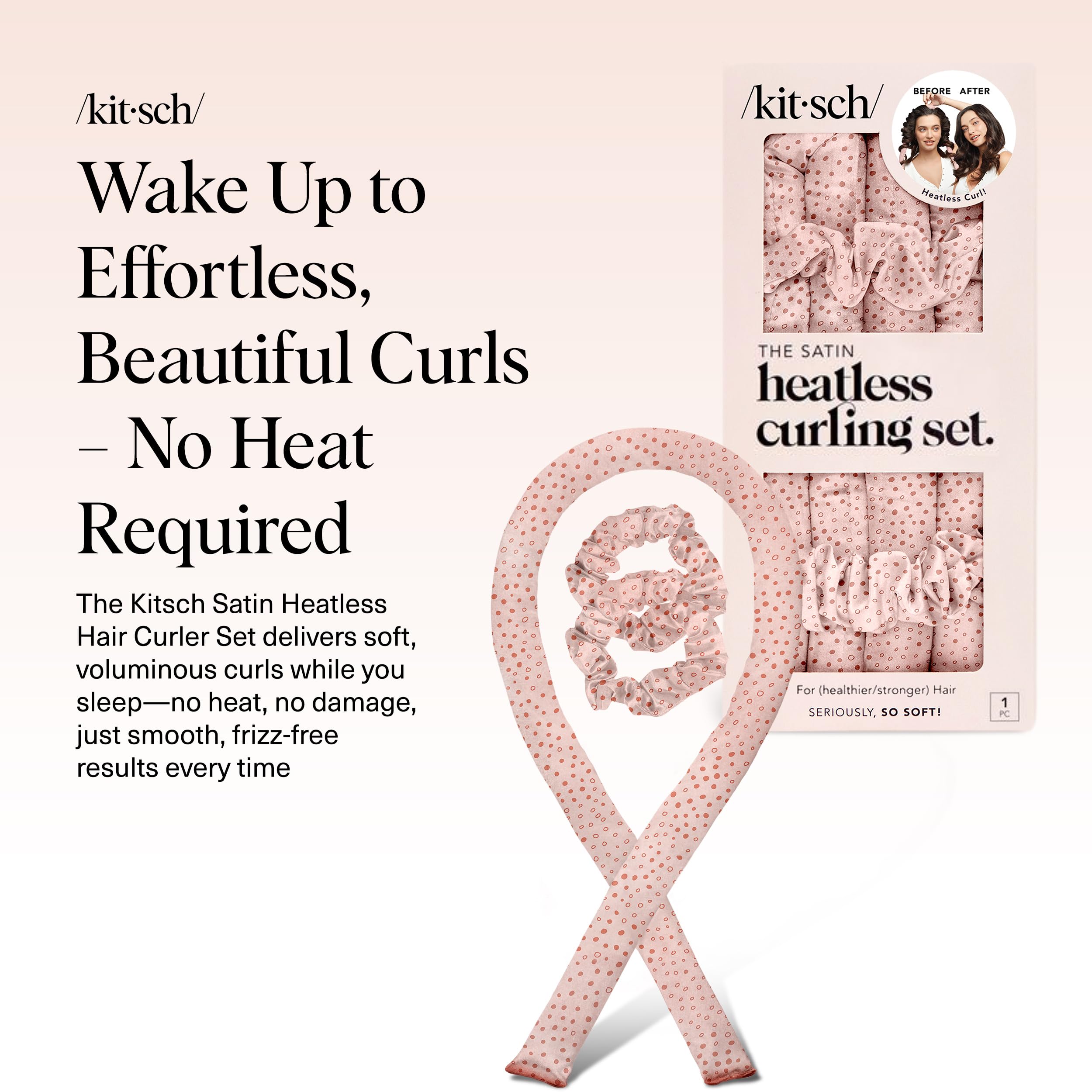 Kitsch satin heatless curling set with two scrunchies for easy styling.
