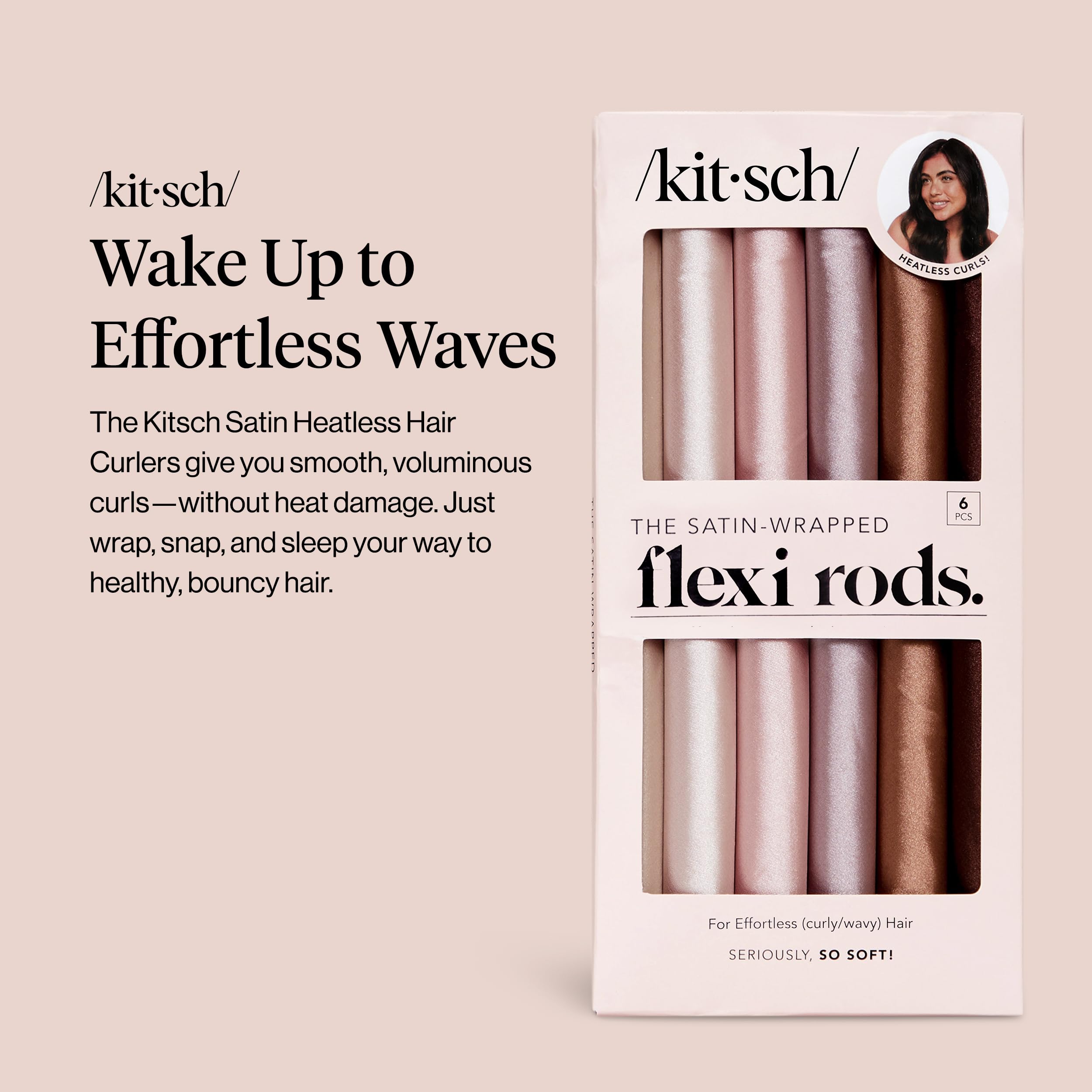 Kitsch satin heatless curlers Rosewood closeup highlights secure wrapping.