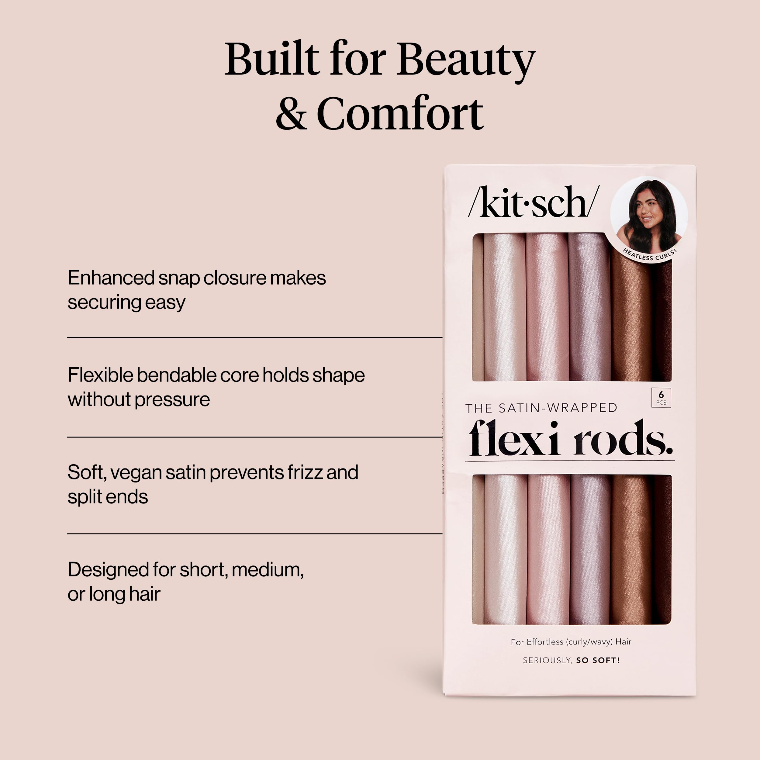 Kitsch satin heatless curlers Rosewood worn overnight for curls.