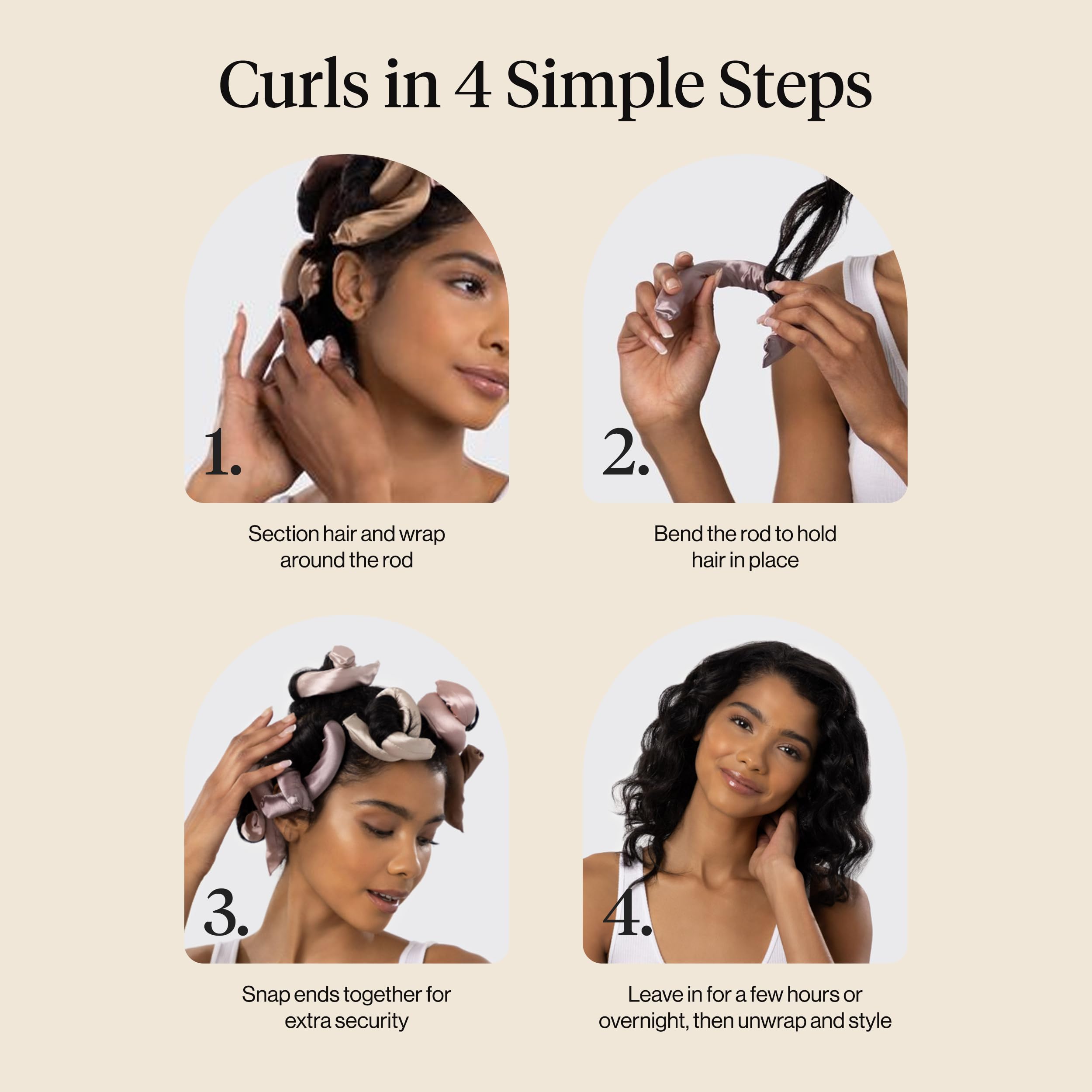 Kitsch satin heatless curlers Rosewood snap design for easy securing.